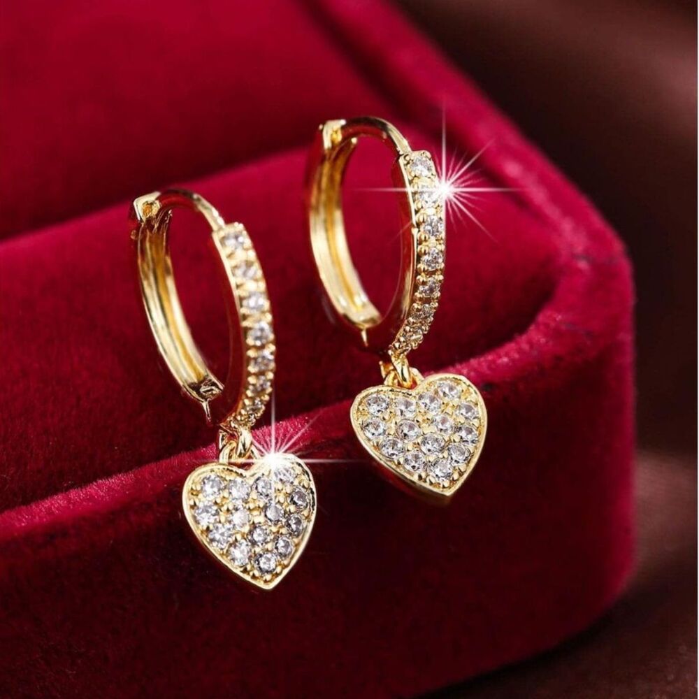 Heart Cluster Zirconia Crystal Drop Hoop Earrings Gold Dangle Clear Pendant